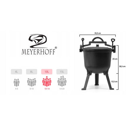 Meyerhoff Outdoor Dutch Oven 8 L – Gietijzeren Heksenketel met Deksel & Afneembare Poten – Voor Kampvuur of Open Vuur – Zwart