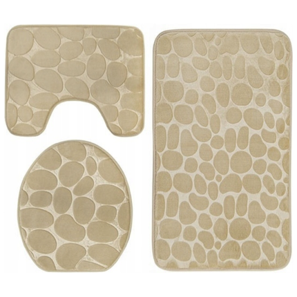 Antislip Badkamermatten Set 3-Delig – Crème 3D Stone Look Polyester Badmat & WC-Mat Set Met Veilige Grip