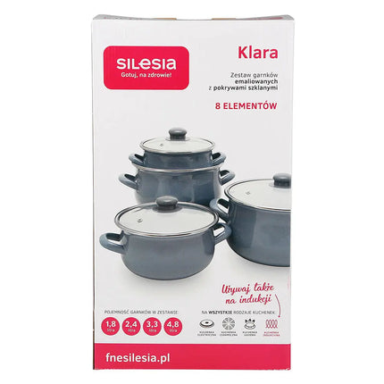 Silesia Klara  vintage wit met bloemen 8 delige emaille pannenset - geschikt voor inductie Silesia