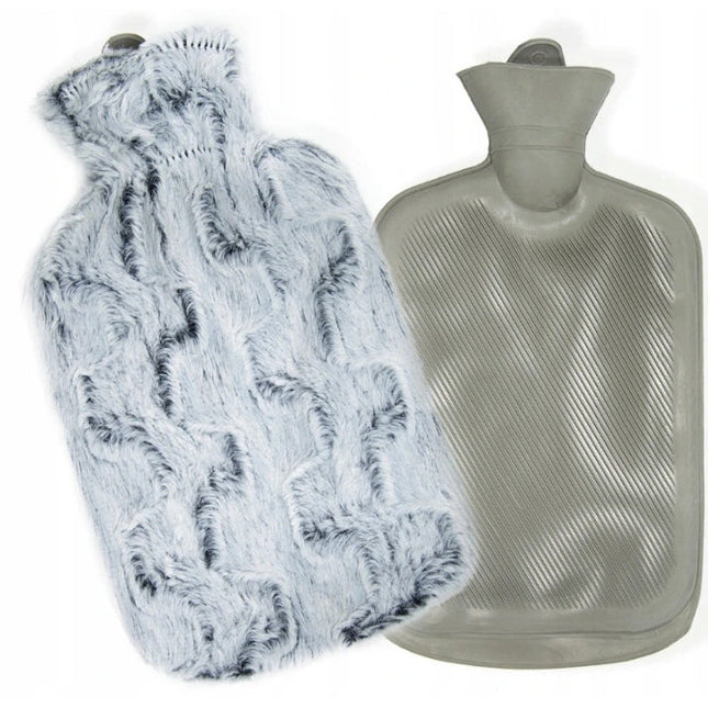 Tragar Warmwaterkruik 2L – Grijze Bontlook Hoes – Natuurlijk Rubber – Lekvrij & Zacht – 34×20 cm