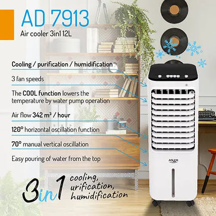 Adler 3 in 1 luchtkoeler / air cooler 12L AD 7913 wit/zwart Adler