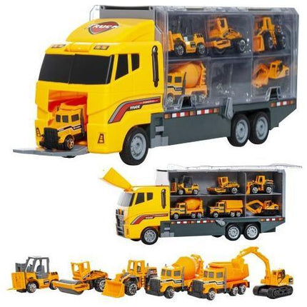 Speelgoed vrachtwagen met heftruck, wals, bulldozer, cement wagen 36 x 15 x 9.5 cm geel