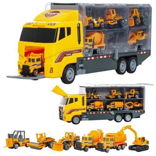 Speelgoed vrachtwagen met heftruck, wals, bulldozer, cement wagen 36 x 15 x 9.5 cm geel
