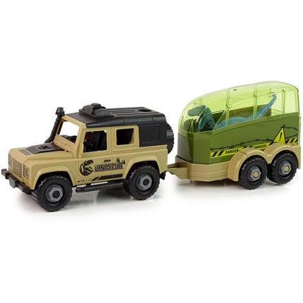 DIY Speelgoed dinosaurus terreinwagen met trailer en dino