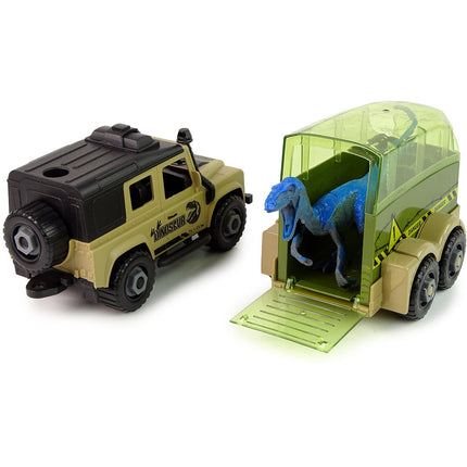 DIY Speelgoed dinosaurus terreinwagen met trailer en dino