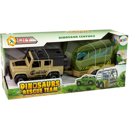 DIY Speelgoed dinosaurus terreinwagen met trailer en dino