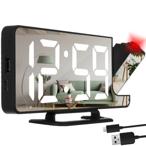 Wekker met projector LED en spiegel zwart