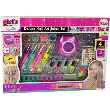 Deluxe nail art salon set nail art pennen, nagellak, nageldroger, steentjes en accessoires