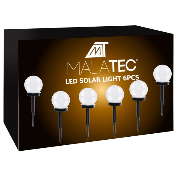 Malatec Solar tuinverlichting set 6 stuks met grondspies op zonne energie bolvormig 32cm hoog LED wit