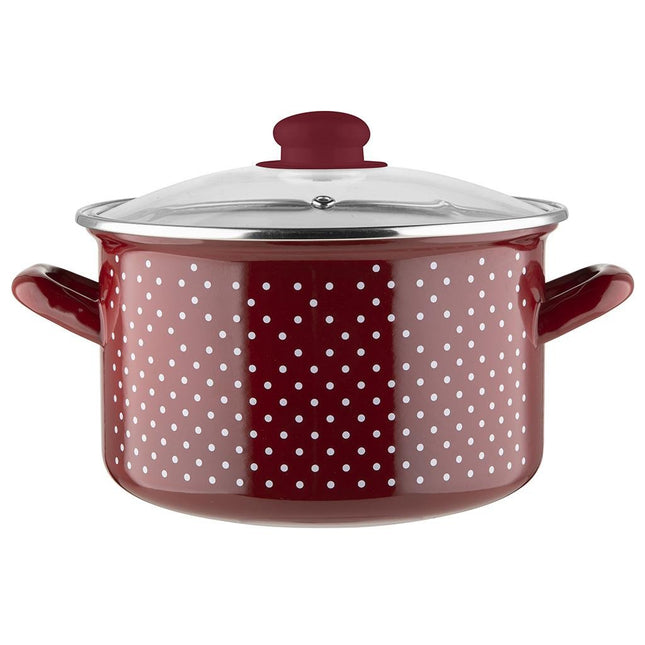 Emalia Retro Red kookpan – 22 cm – 5,3 L – Rood/Wit – Geëmailleerd staal – Inclusief glazen deksel