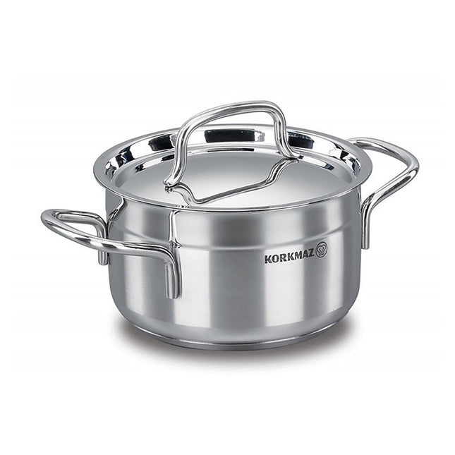 Korkmaz RVS Kookpan 2.5L – Compacte Pan Met Deksel Geschikt Voor Inductie – Alfa Serie Met Dubbele Bodem