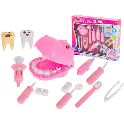 13-delige Speelgoed Tandarts Set – Nijlpaard Roze – Medische Rollenspel Kit – Inclusief Tandheelkundige Instrumenten