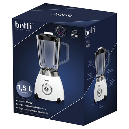 Botti Royal Line blender – 1,5L – 500W – Wit/Zilver – Professionele blender met 2 snelheden en pulsfunctie – Retro look