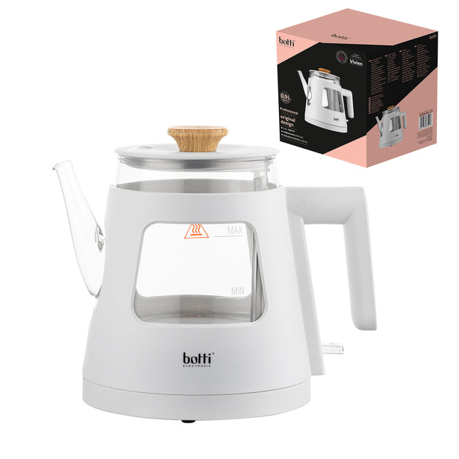 Botti Vivien glazen waterkoker – 0,9 L – 1000 W – Wit – Professional Series – Stijlvol design & veiligheid