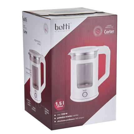 Botti Carter glazen elektrische waterkoker 1,5L – 1350W – Wit – Compacte en veilige waterkoker met LED-verlichting