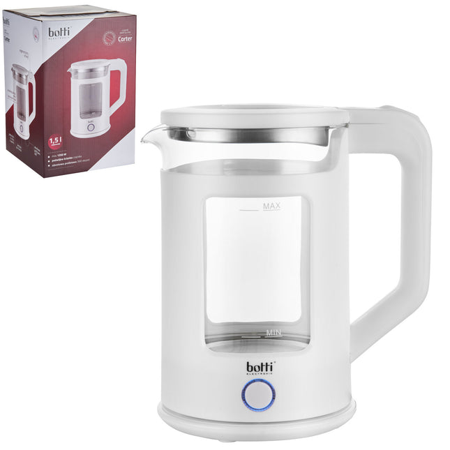 Botti Carter glazen elektrische waterkoker 1,5L – 1350W – Wit – Compacte en veilige waterkoker met LED-verlichting
