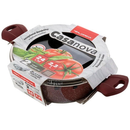 Florina Casanova aluminium hapjespan met 3-laags coating inclusief glazen deksel 24 cm 2.3 liter stone look rood
