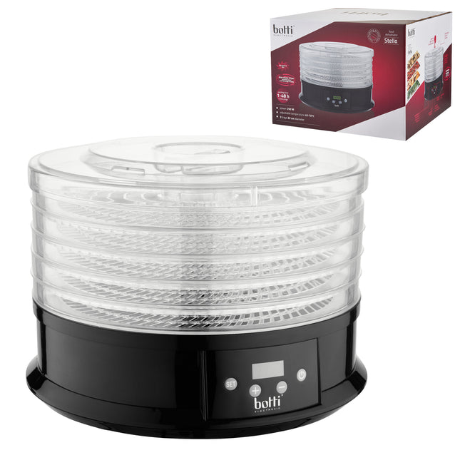 Botti Electronic Stella voedseldroger – Dehydrator – 5 trays – 1 tot 48 uur – 40-70°C – 250W – Zwart/Transparant