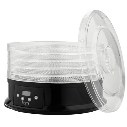 Botti Electronic Stella voedseldroger – Dehydrator – 5 trays – 1 tot 48 uur – 40-70°C – 250W – Zwart/Transparant