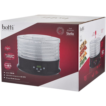 Botti Electronic Stella voedseldroger – Dehydrator – 5 trays – 1 tot 48 uur – 40-70°C – 250W – Zwart/Transparant