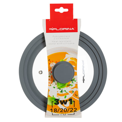 Florina universele glazen deksel met siliconen rand voor pannen van 18 cm 20 cm en 22 cm grijs