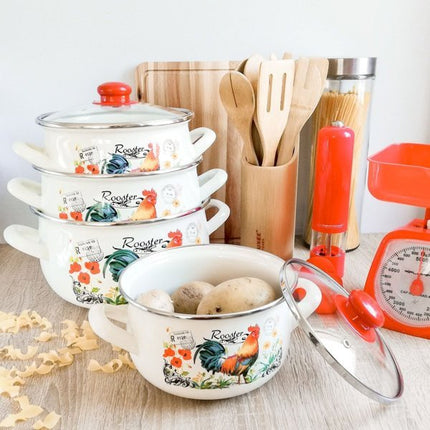 Emalia retro haan rooster geëmailleerde vintage kookpan 18 cm 3 Liter crème / rood