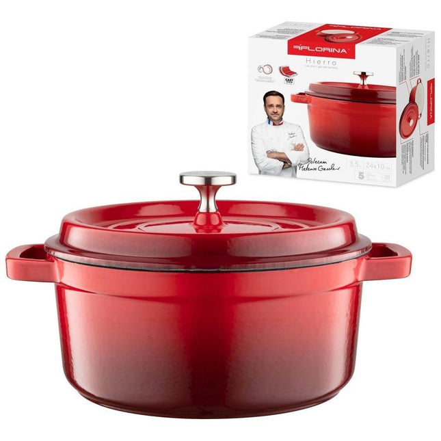 Florina professionele gietijzeren braadpan stoofpan emaille Ø 24 cm 3.5L rood geschikt voor inductie