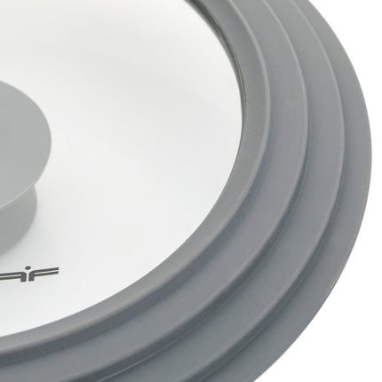 Florina universele glazen deksel met siliconen rand voor pannen van 24 cm 26 cm en 28 cm grijs