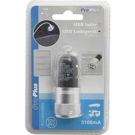 ProPlus autolader USB dubbel 12/24 Volt 3,1A zwart/zilver