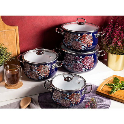 Silesia Kate vintage blauw met bloemen 8 delige emaille pannenset - geschikt voor inductie - kookpannenset.nl