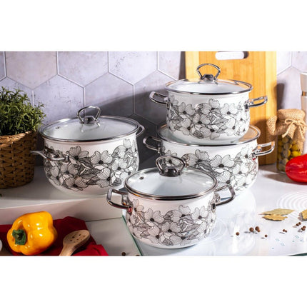 Silesia Kate vintage wit met bloemen 8 delige emaille exclusieve pannenset - geschikt voor inductie - kookpannenset.nl