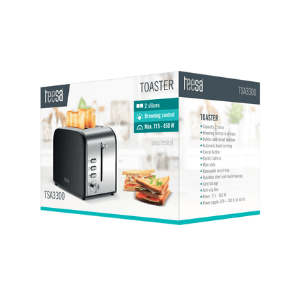 Teesa broodrooster voor 2 sneetjes brood met 6 toast opties 850W RVS TSA3300